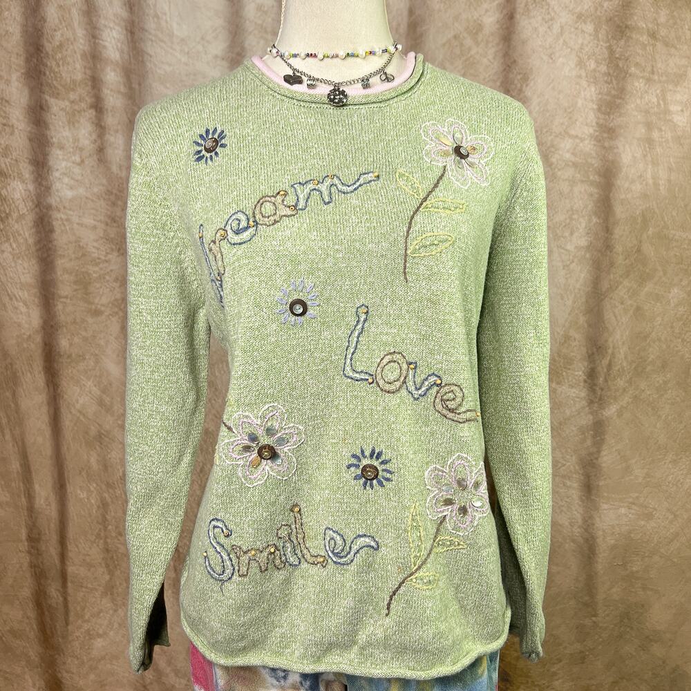 VintageEmbroidered Sweater 90s Dream Love Smile Floral Knit Teacher Cottagecore